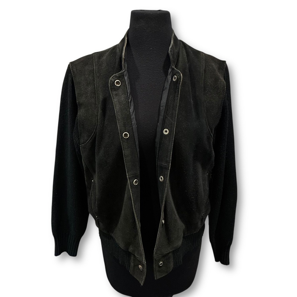 VTG‎ City Splits Black Suede Knit Bomber Jacket Women's Size M Snap Front
